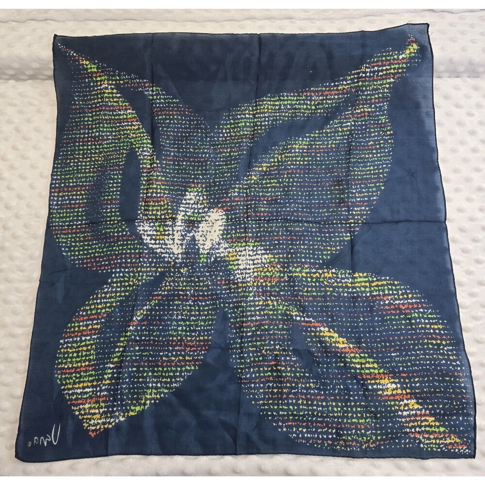 Vera Neumann Vintage Scarf Modernist Botanical Lily Dot Navy Background Abstract